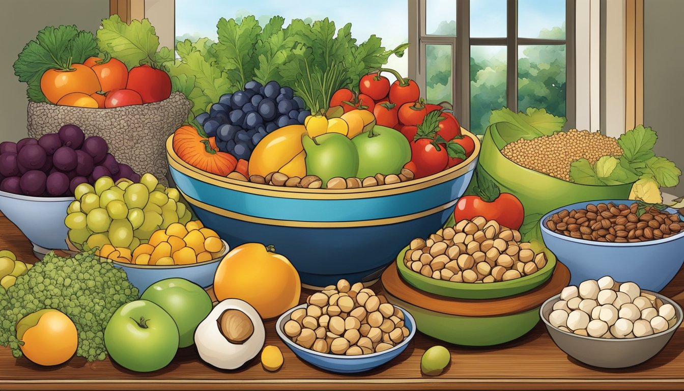 A bowl of hazelnuts sits next to a variety of foods, including fruits, vegetables, and grains, representing a balanced diet