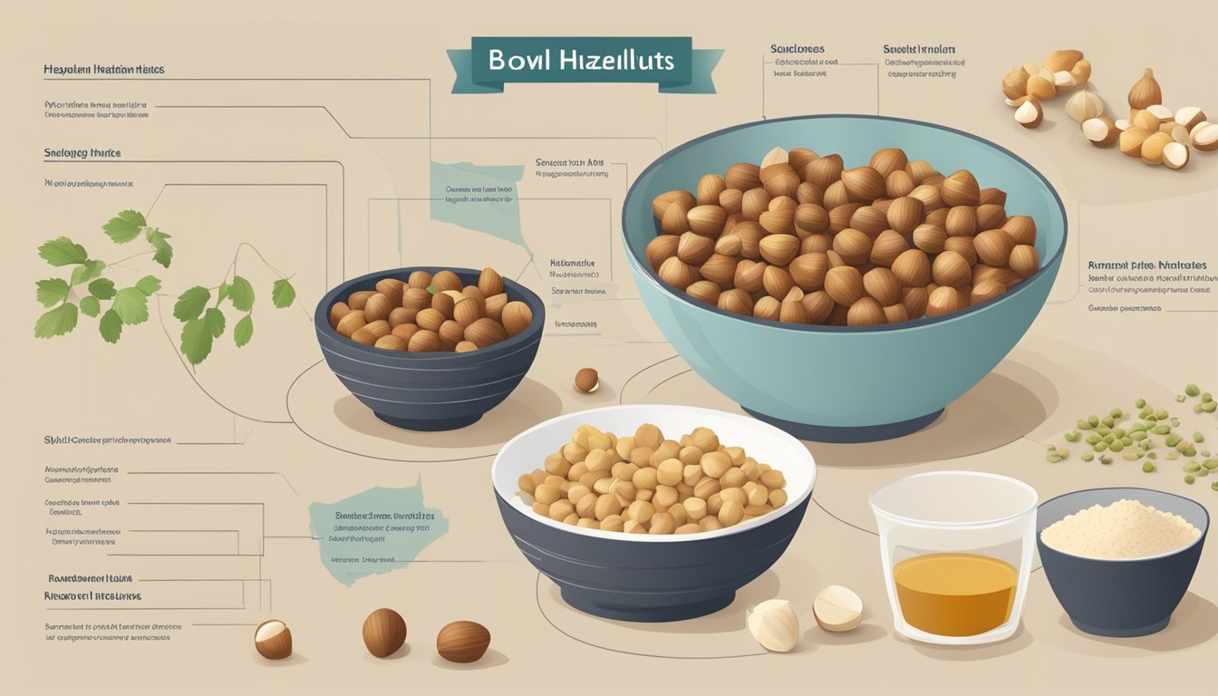 A bowl of hazelnuts surrounded by various culinary tools and ingredients, with a chart showing the glycemic index of hazelnuts in the background