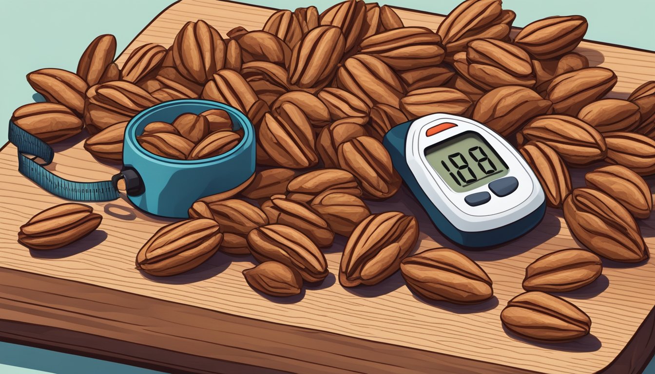 A pile of pecans arranged on a wooden cutting board, with a measuring tape and a blood glucose monitor nearby