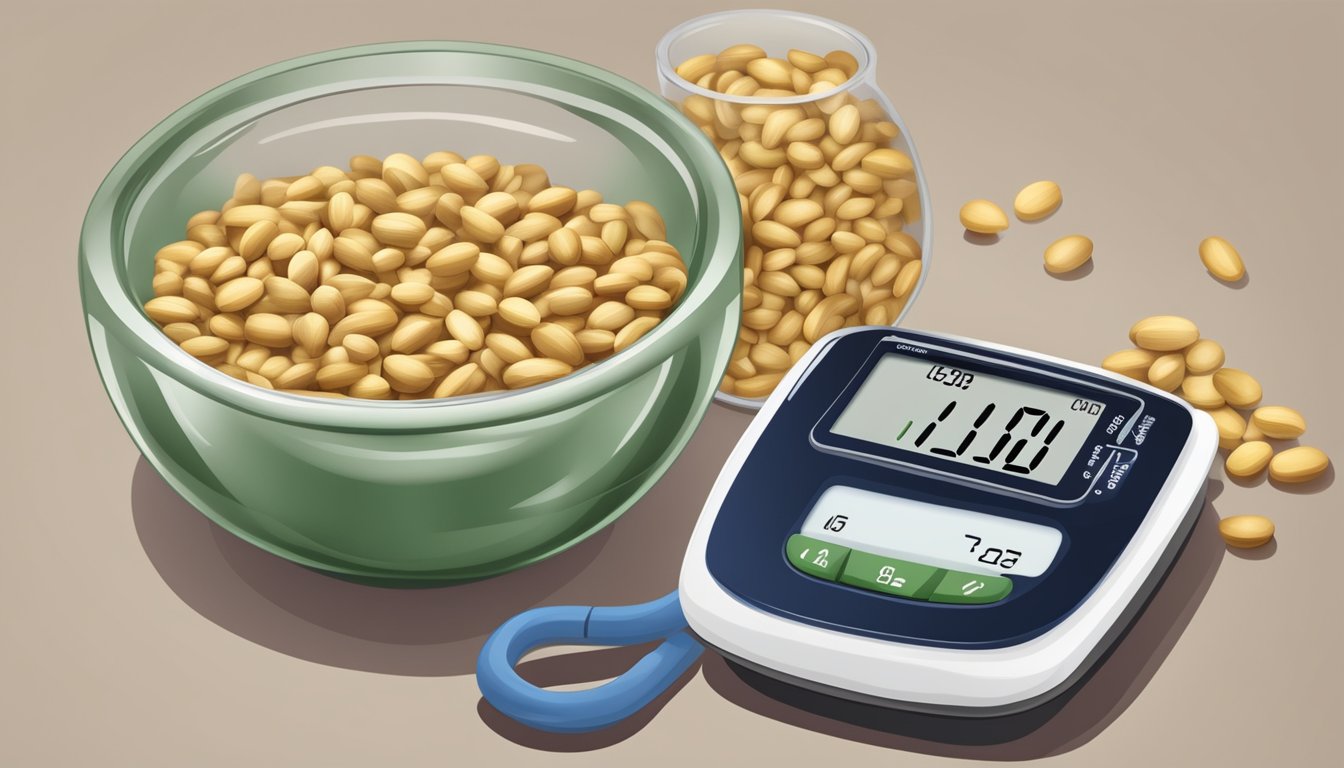 A bowl of pine nuts next to a blood sugar monitor, with the monitor displaying a stable reading