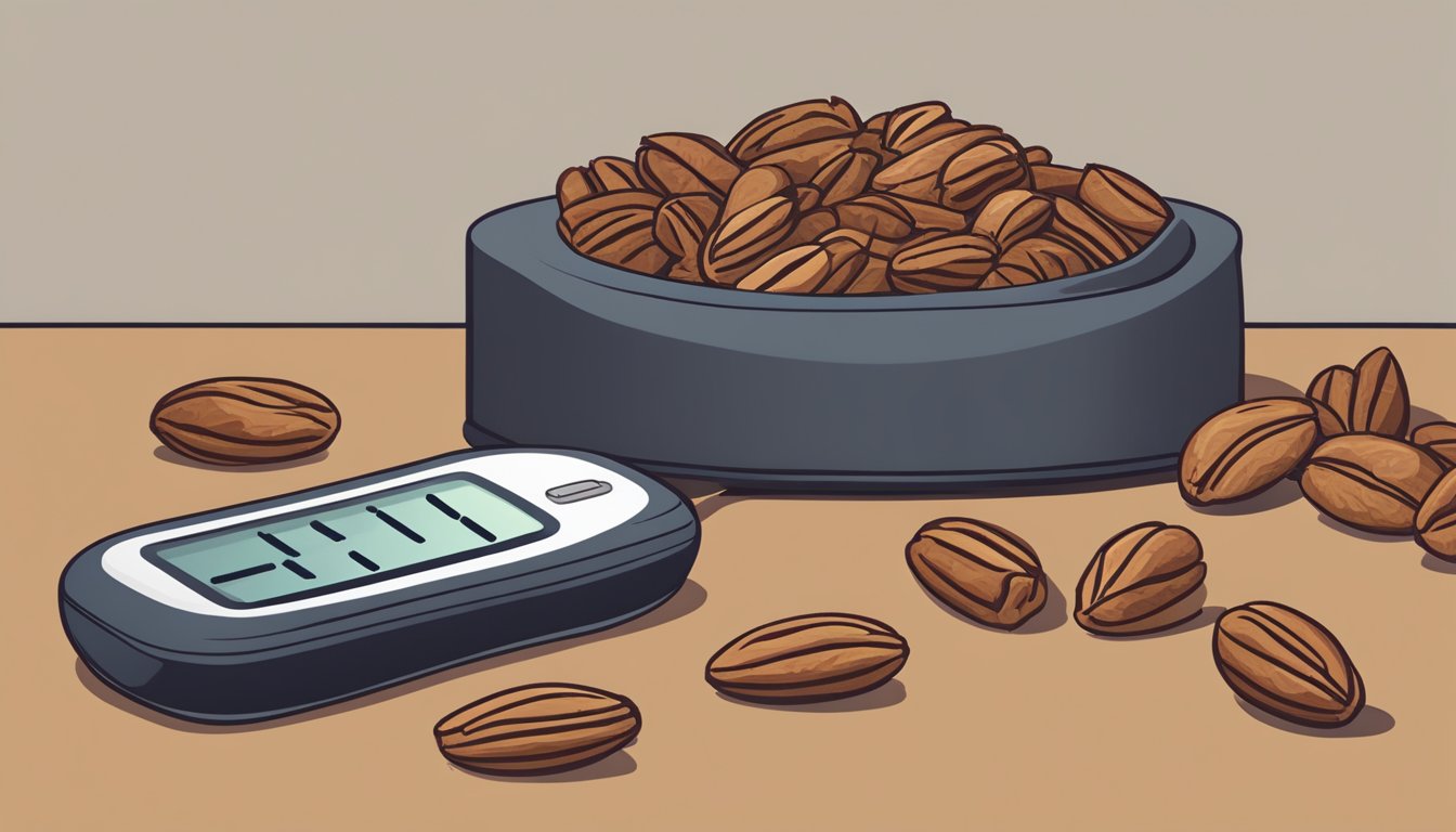 A pile of pecans sitting next to a blood sugar monitor showing a spike in levels