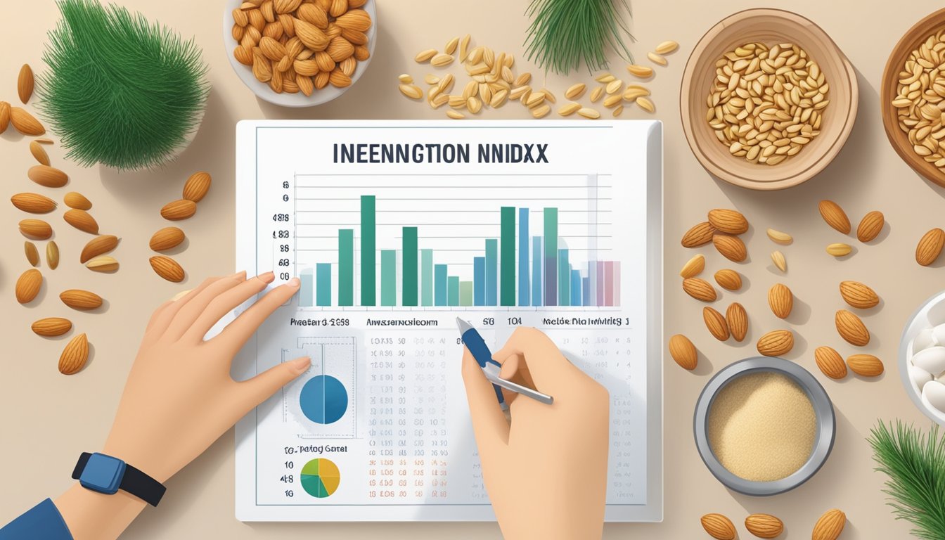 A person measuring pine nuts and a glycemic index chart on a kitchen counter