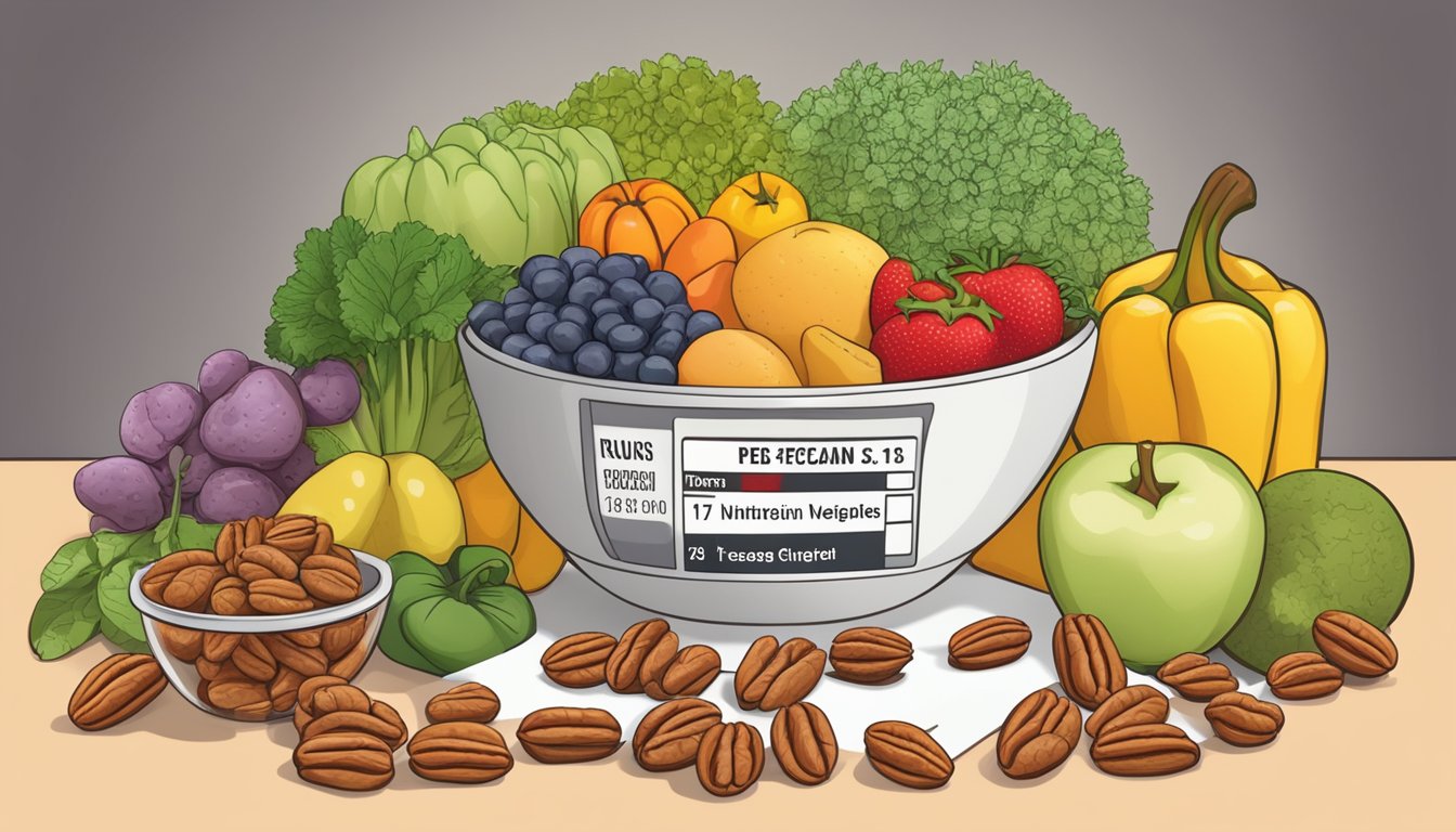 A bowl of pecans surrounded by a variety of fruits and vegetables, with a nutrition label and glycemic index chart in the background