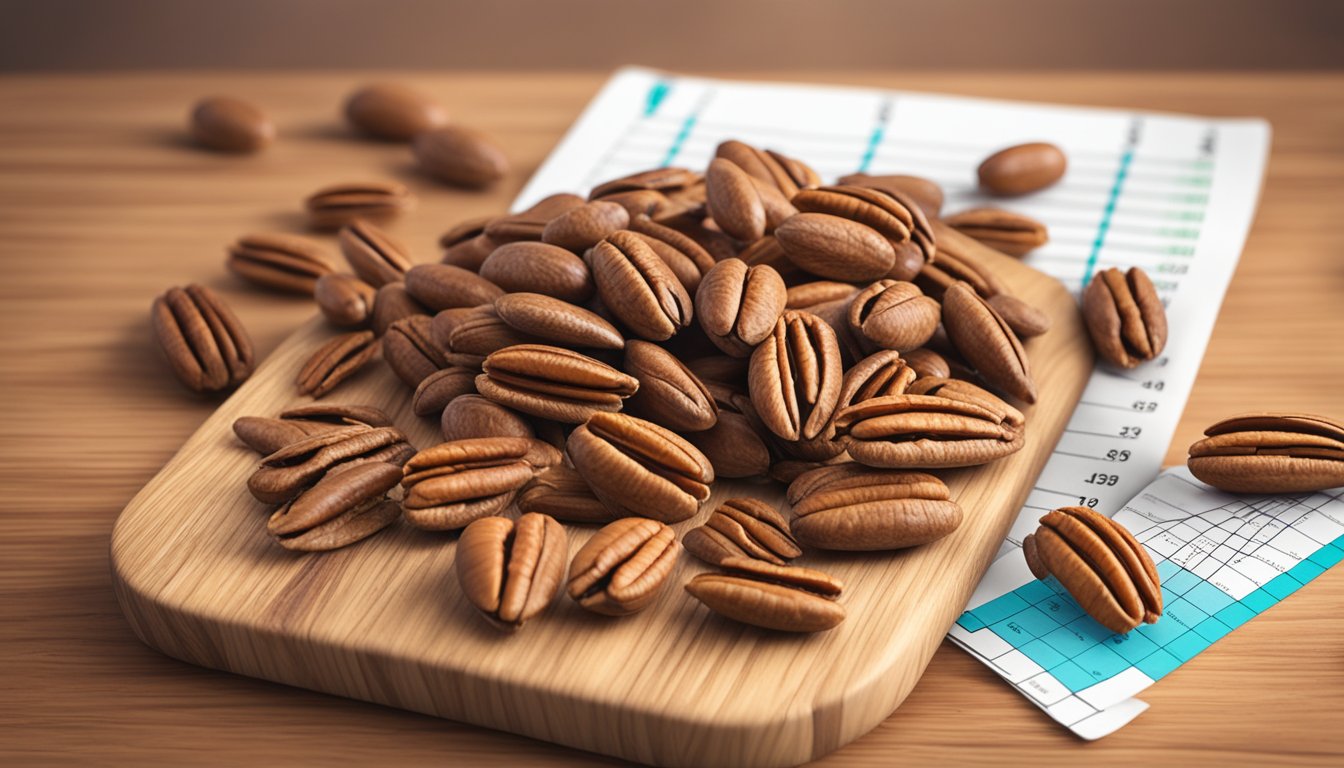 A pile of pecans arranged on a wooden cutting board with a glycemic index chart in the background