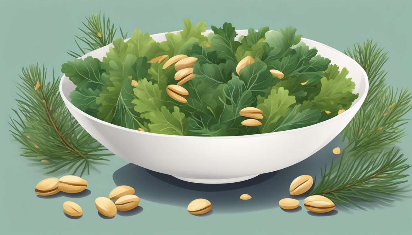 A bowl of mixed greens topped with pine nuts, surrounded by a scattering of pine cones and branches