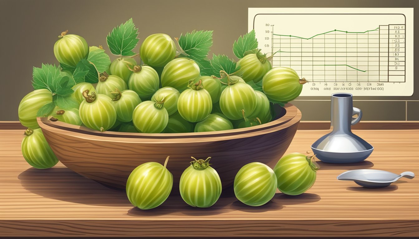 A bowl of ripe gooseberries arranged on a wooden cutting board, with a glycemic index chart in the background