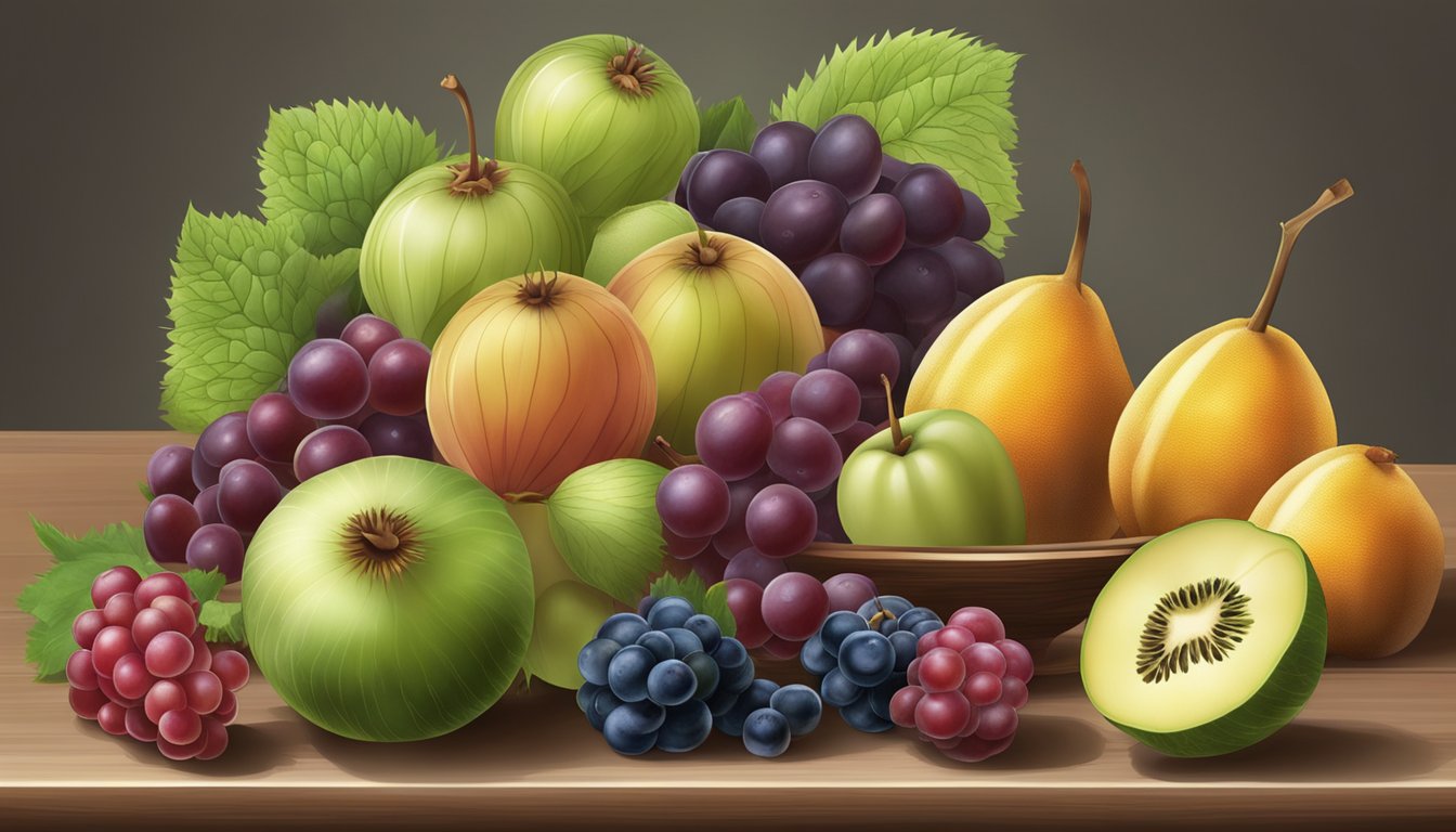 A variety of fruits arranged on a table, with a focus on the gooseberries, showcasing their unique appearance and texture