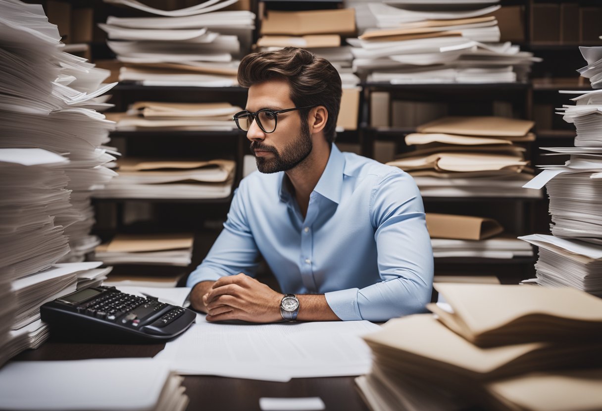 A writer at a desk, surrounded by stacks of real estate documents and research materials, deep in thought with a pen in hand