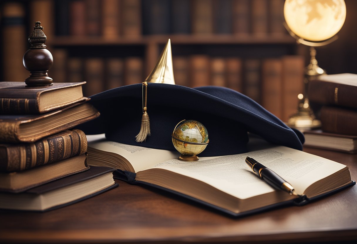 A wizard's hat, a quill pen, a stack of books, a laptop, and a globe on a desk