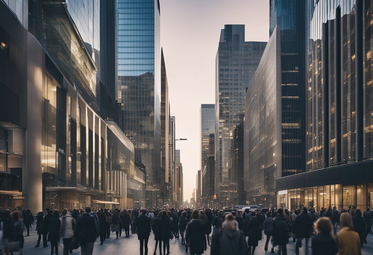 A busy city street with towering office buildings in the background, while a person searches through a crowd for the perfect commercial real estate services writer