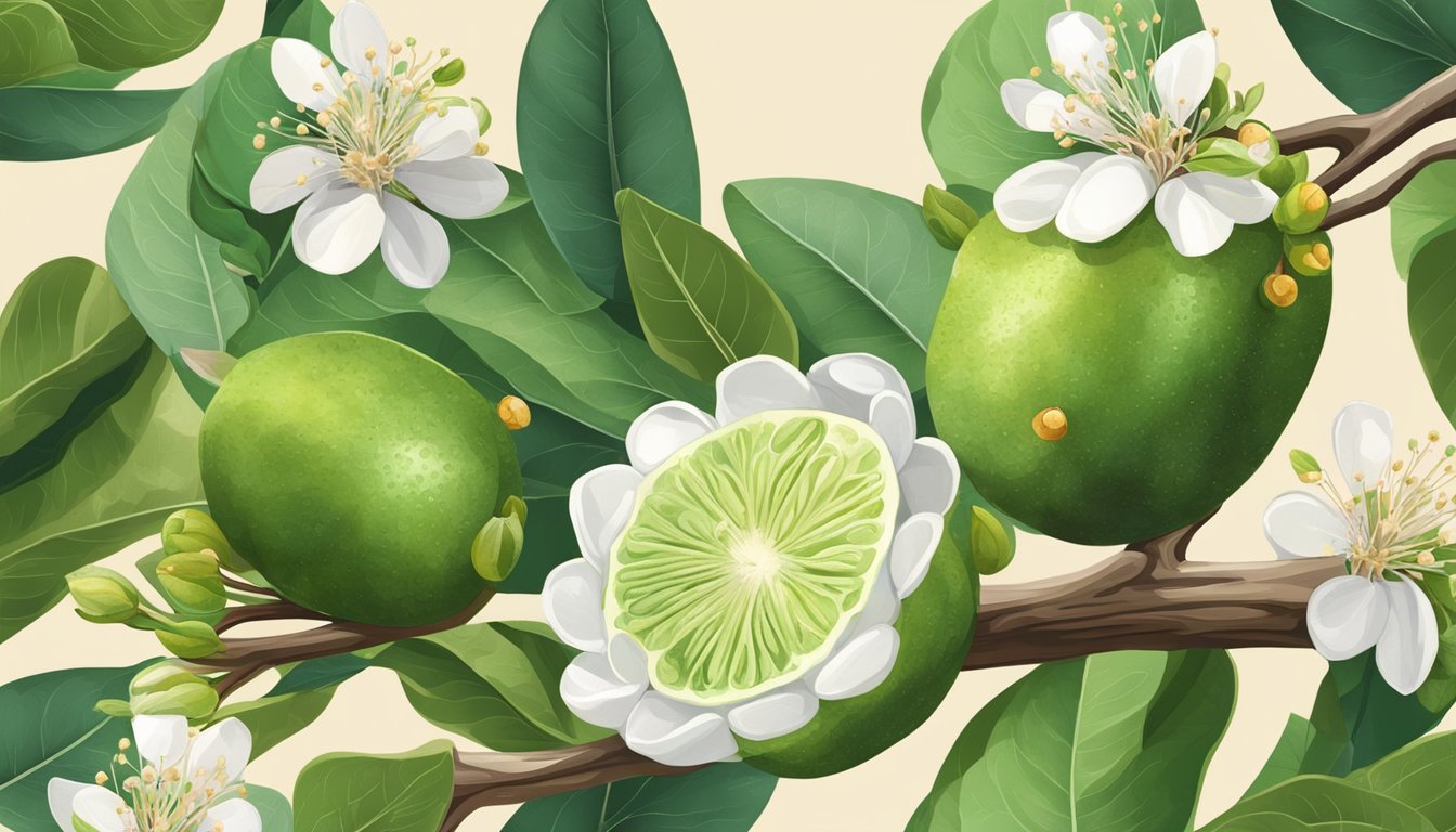 A ripe feijoa fruit surrounded by leaves and blossoms on a branch