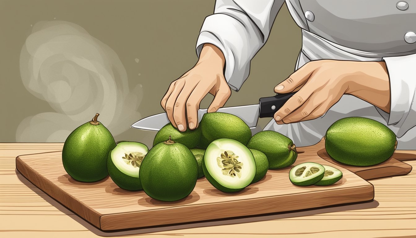 A chef slicing ripe feijoas on a wooden cutting board