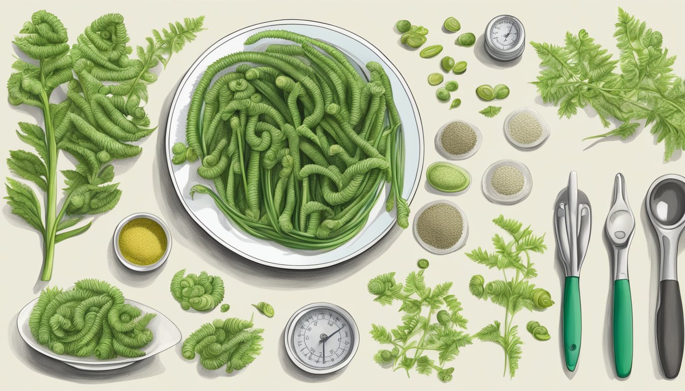 A plate of fiddlehead ferns surrounded by various measuring tools and a nutritional chart