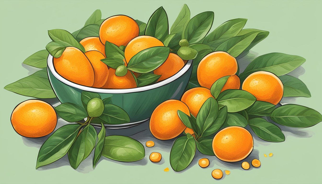 A bowl of ripe kumquats surrounded by fresh green leaves and a few scattered seeds