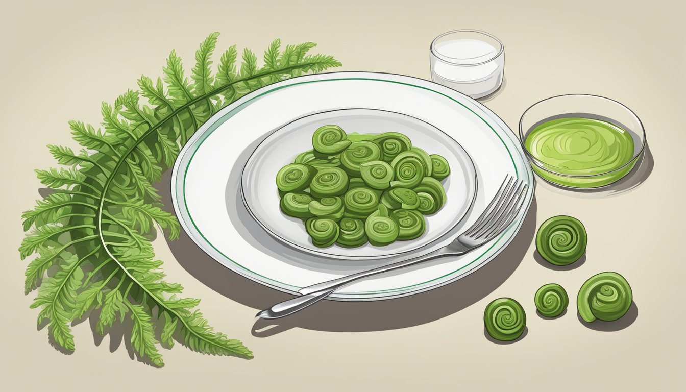 A plate of fiddlehead ferns arranged next to a glycemic index chart