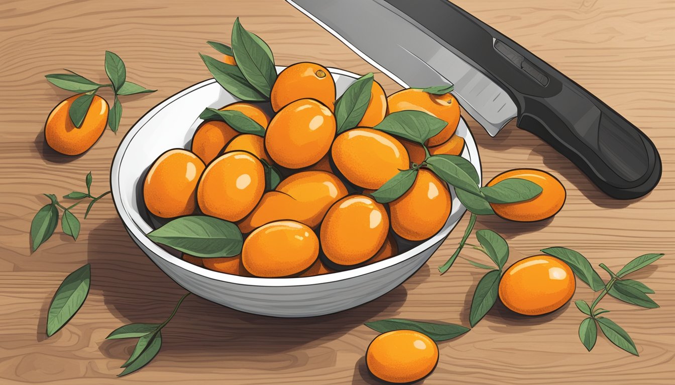 A bowl of kumquats arranged on a wooden cutting board with a knife beside them. A nutrition label with "glycemic index" is visible