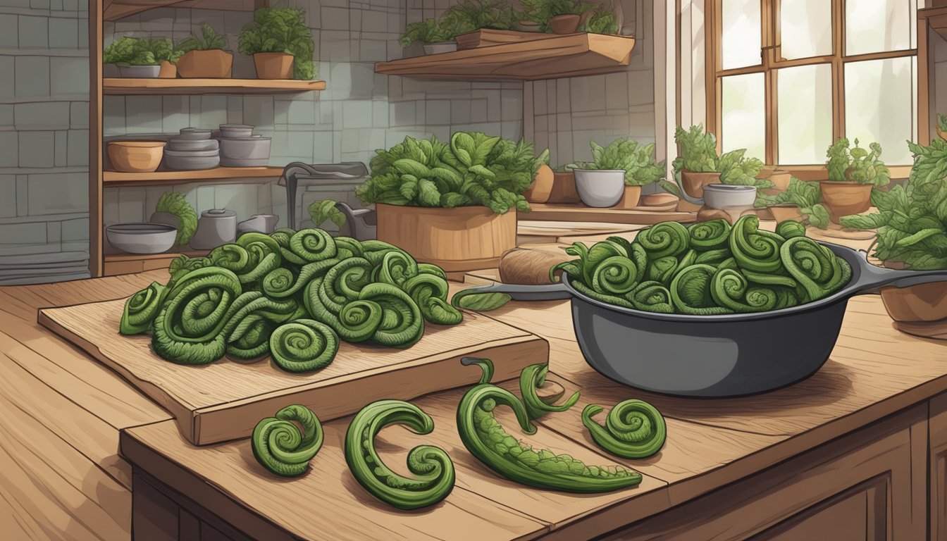 Fiddlehead ferns being harvested and prepared for cooking in a rustic kitchen