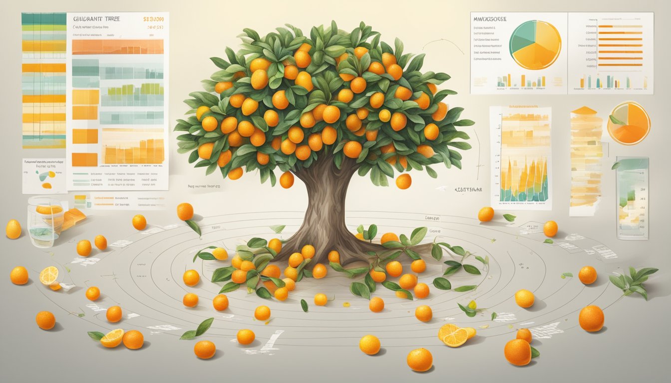 A kumquat tree surrounded by scattered glycemic index charts