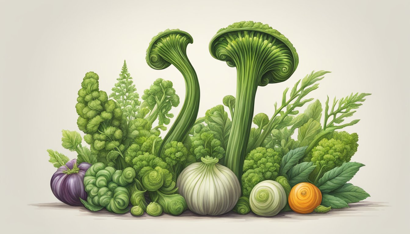 A fiddlehead fern stands tall next to various vegetables, showcasing its unique shape and texture