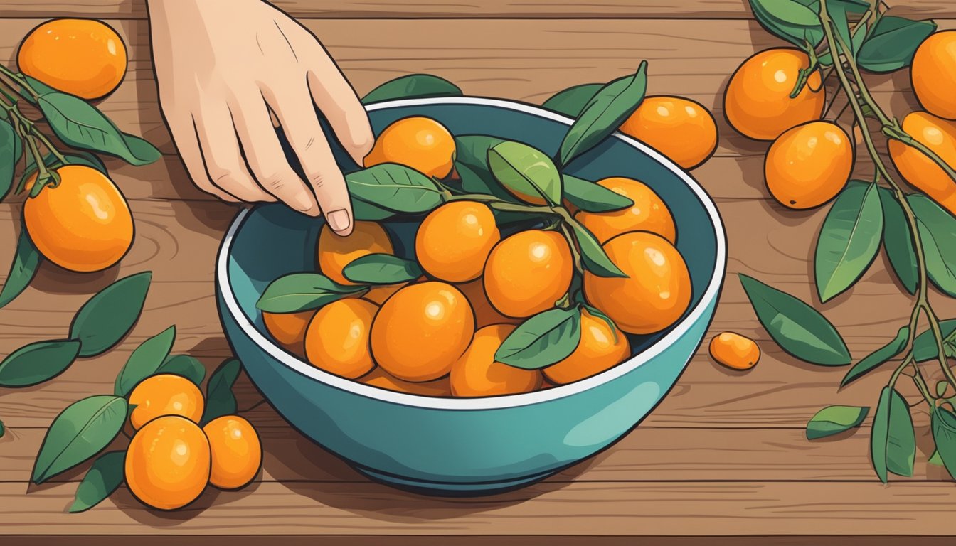 A hand reaching for a kumquat from a bowl on a wooden table, with a basket of kumquats in the background