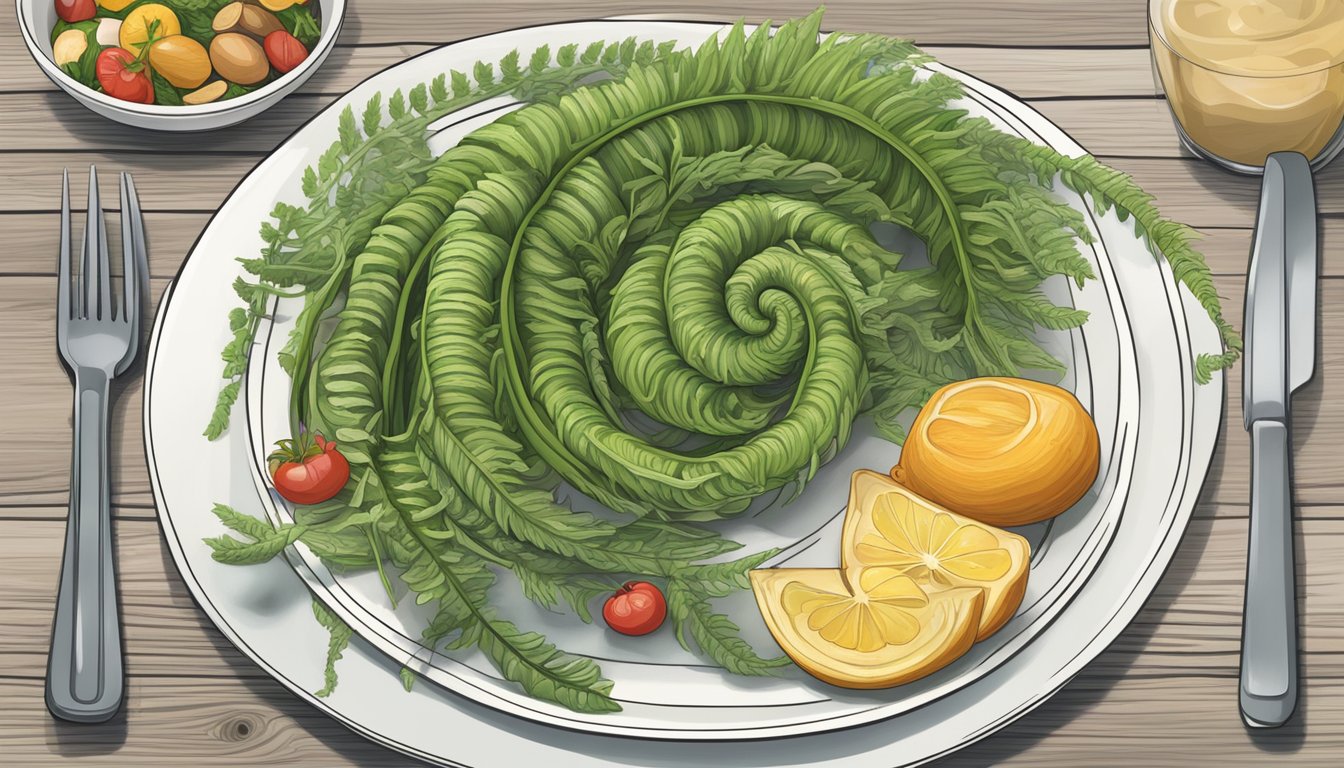 A fiddlehead fern sits on a plate surrounded by a variety of foods. A nutrition label with the glycemic index is visible next to the fern