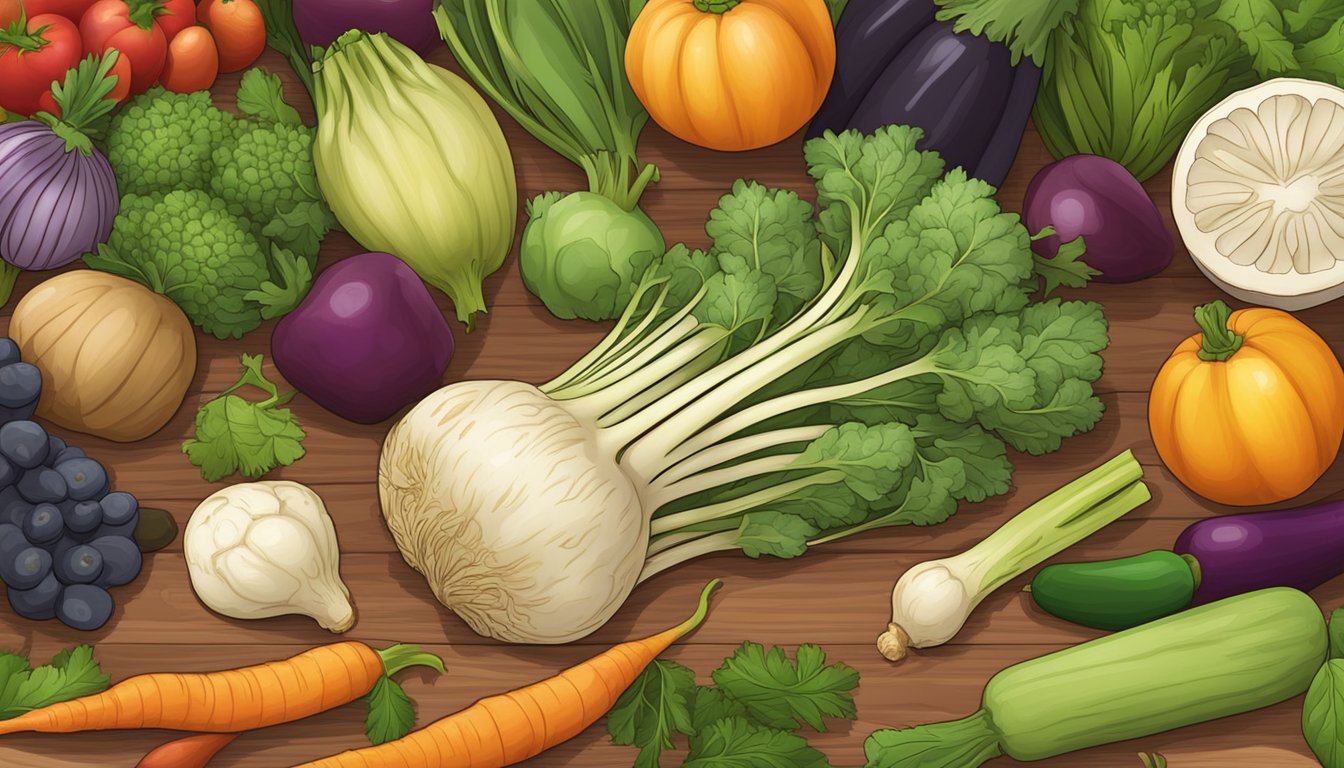 A celeriac root on a wooden cutting board, surrounded by a variety of colorful fruits and vegetables