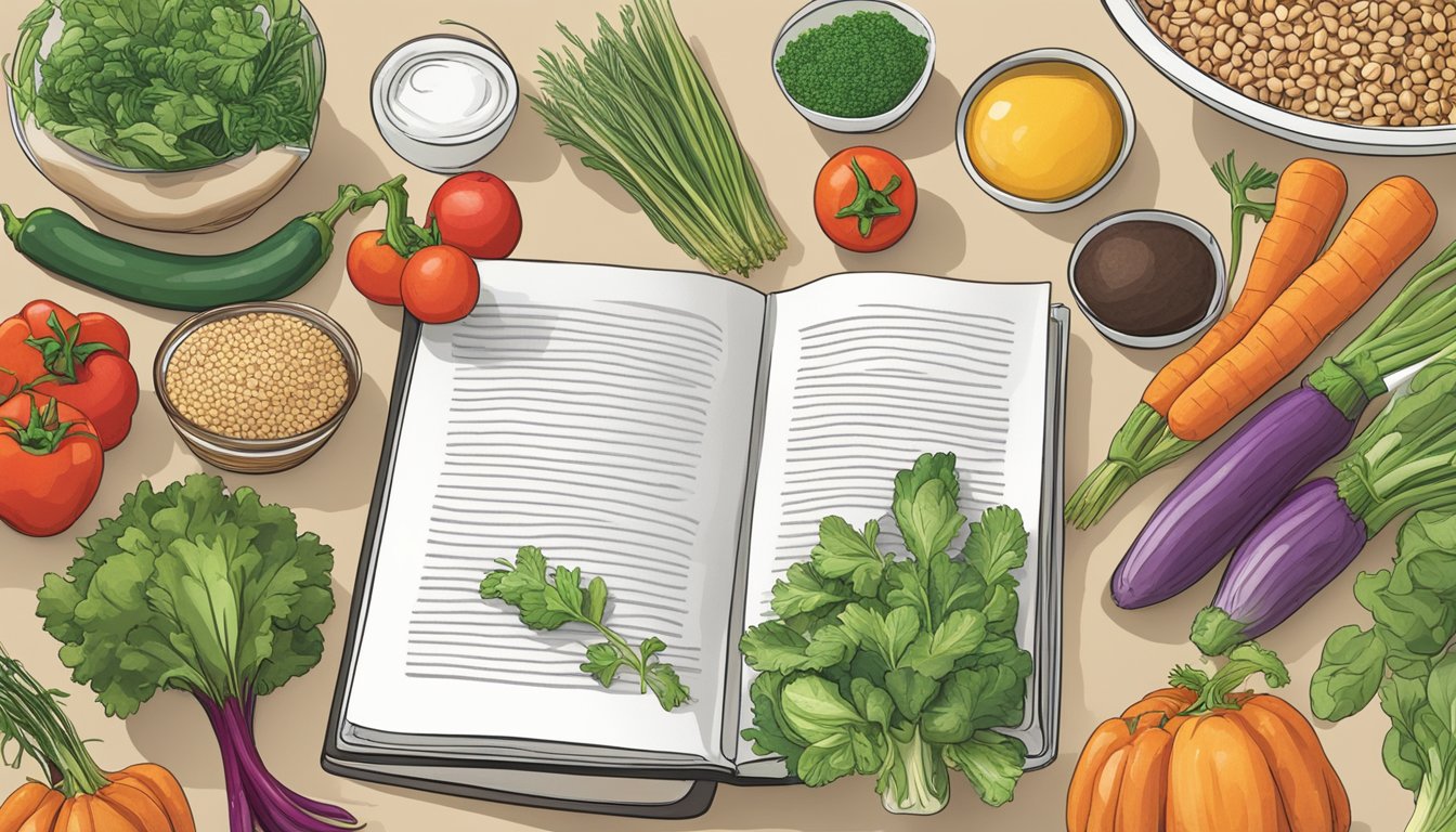 A kitchen counter with a variety of colorful, fresh vegetables and herbs, alongside lean proteins and whole grains. A cookbook open to a page titled "Diabetes-Safe Substitutions."