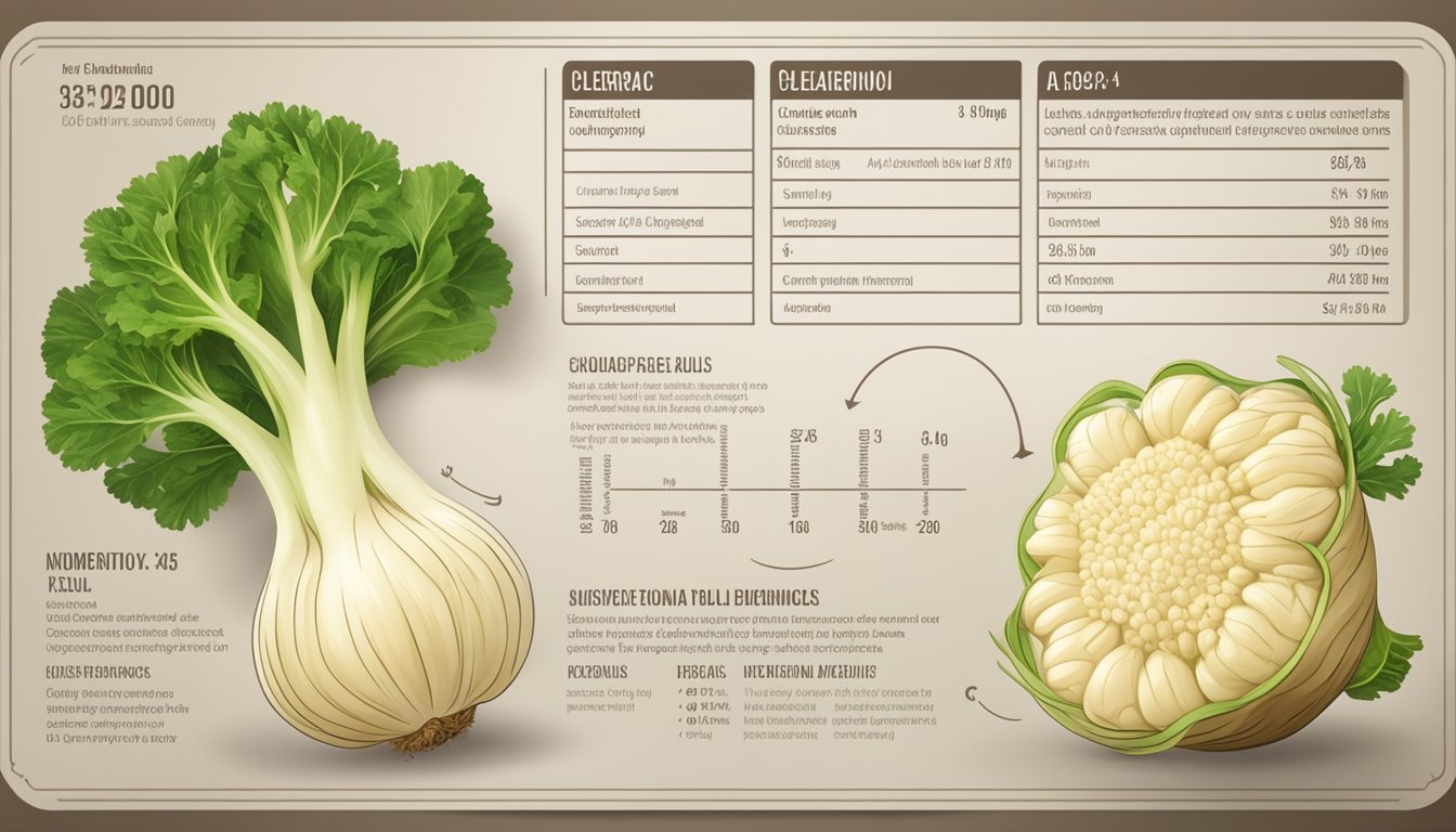 A celeriac bulb with nutritional information and a glycemic index chart displayed next to it