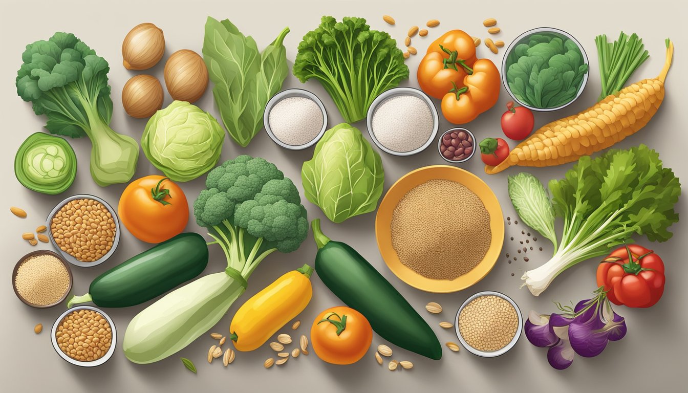 A colorful array of fresh vegetables, lean proteins, and whole grains laid out on a kitchen counter, ready to be used in diabetes-safe meal preparation