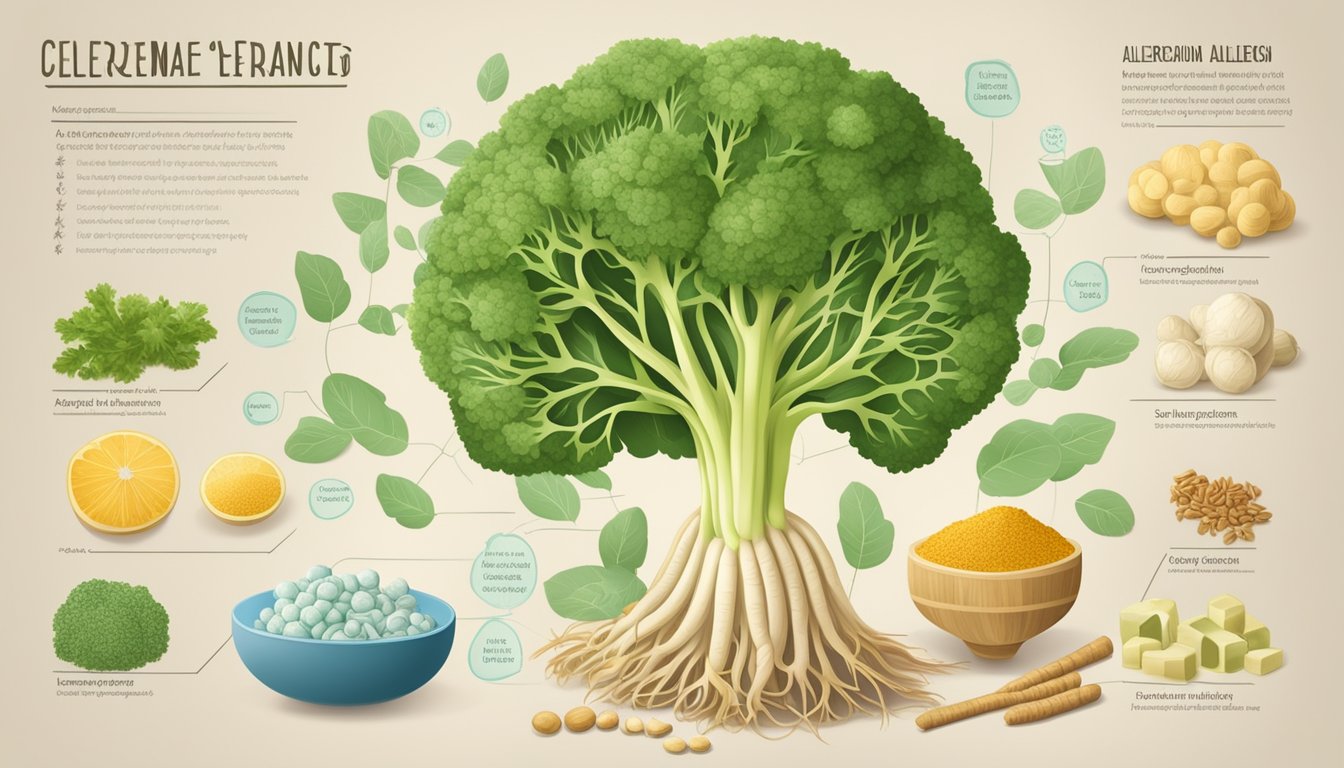 A celeriac root surrounded by various allergens and medications, with a glycemic index chart in the background