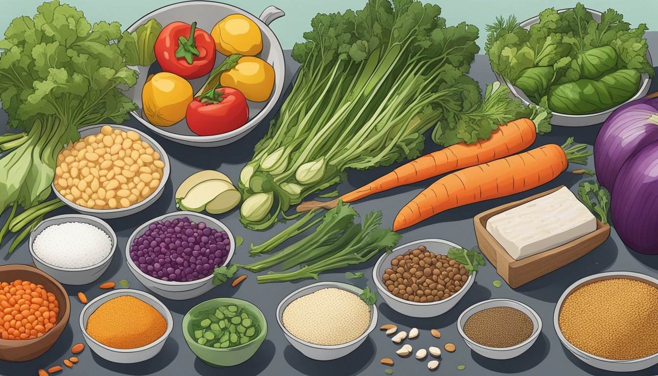 A colorful array of vegetables, lean proteins, and whole grains arranged on a kitchen counter, with a variety of herbs and spices nearby