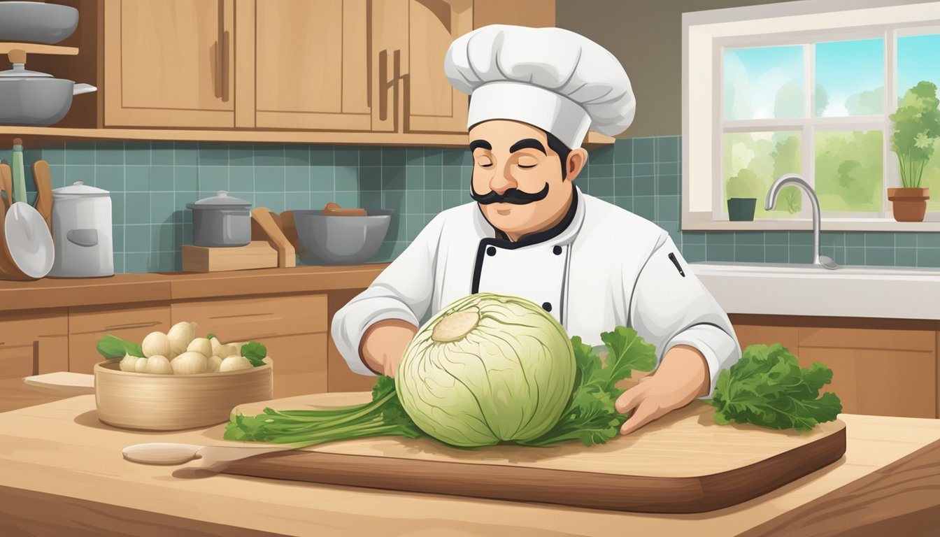 A chef slicing celeriac on a wooden cutting board, with various kitchen utensils and storage containers in the background