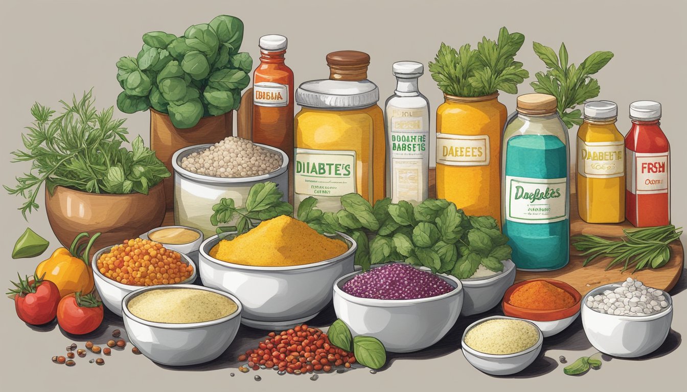 A colorful array of diabetes-safe condiments and toppings arranged on a kitchen counter, including fresh herbs, spices, and low-carb alternatives to traditional high-carb ingredients