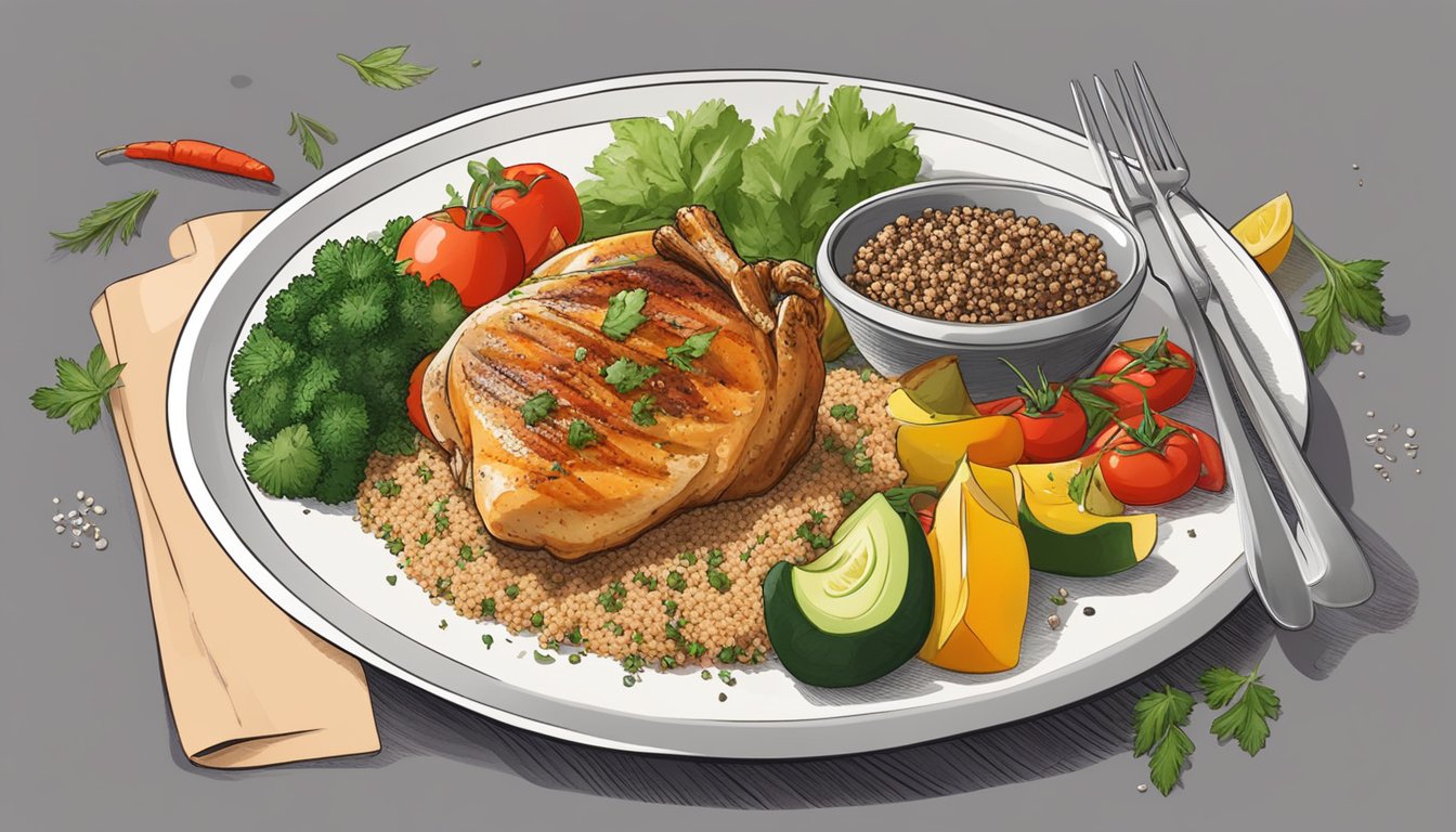 A colorful plate with grilled chicken, steamed vegetables, and a side of quinoa, surrounded by fresh herbs and spices