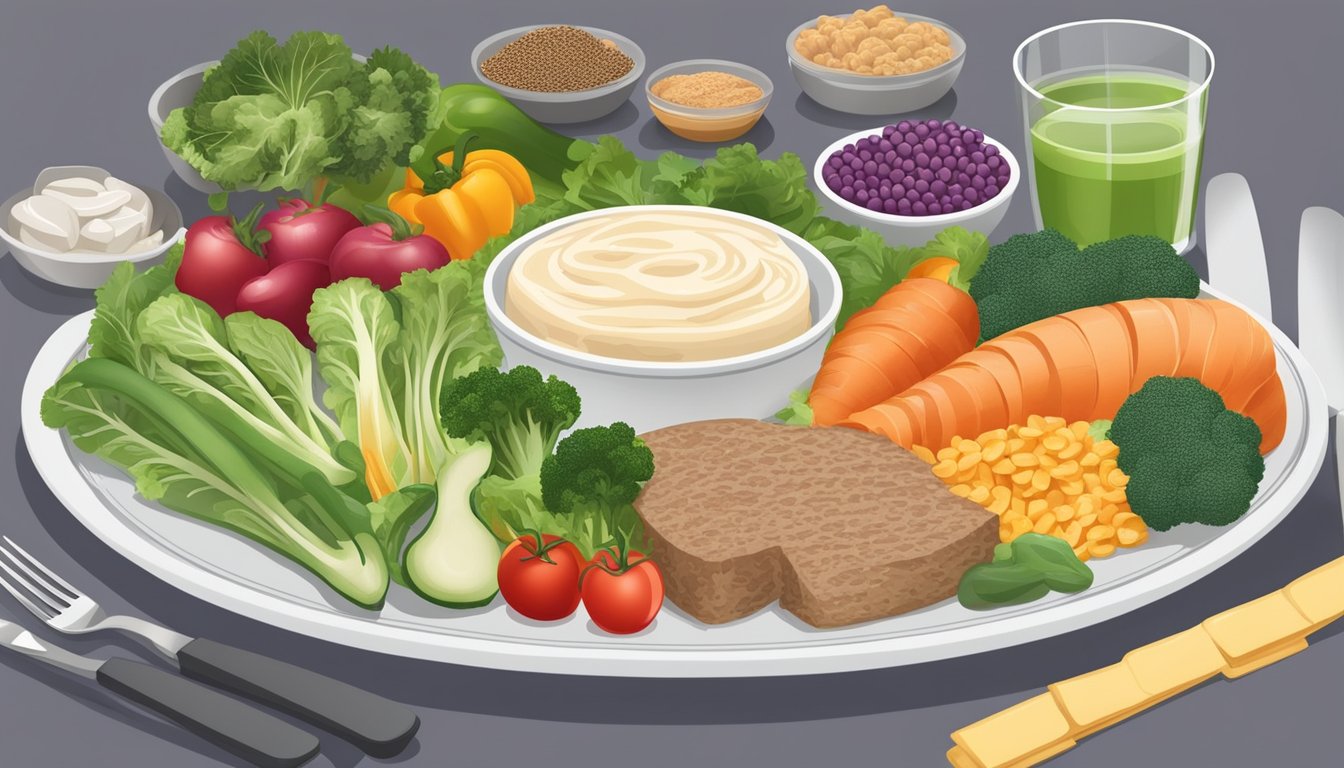 A dinner plate with a balance of high-fiber vegetables and lean proteins, surrounded by blood sugar-regulating foods