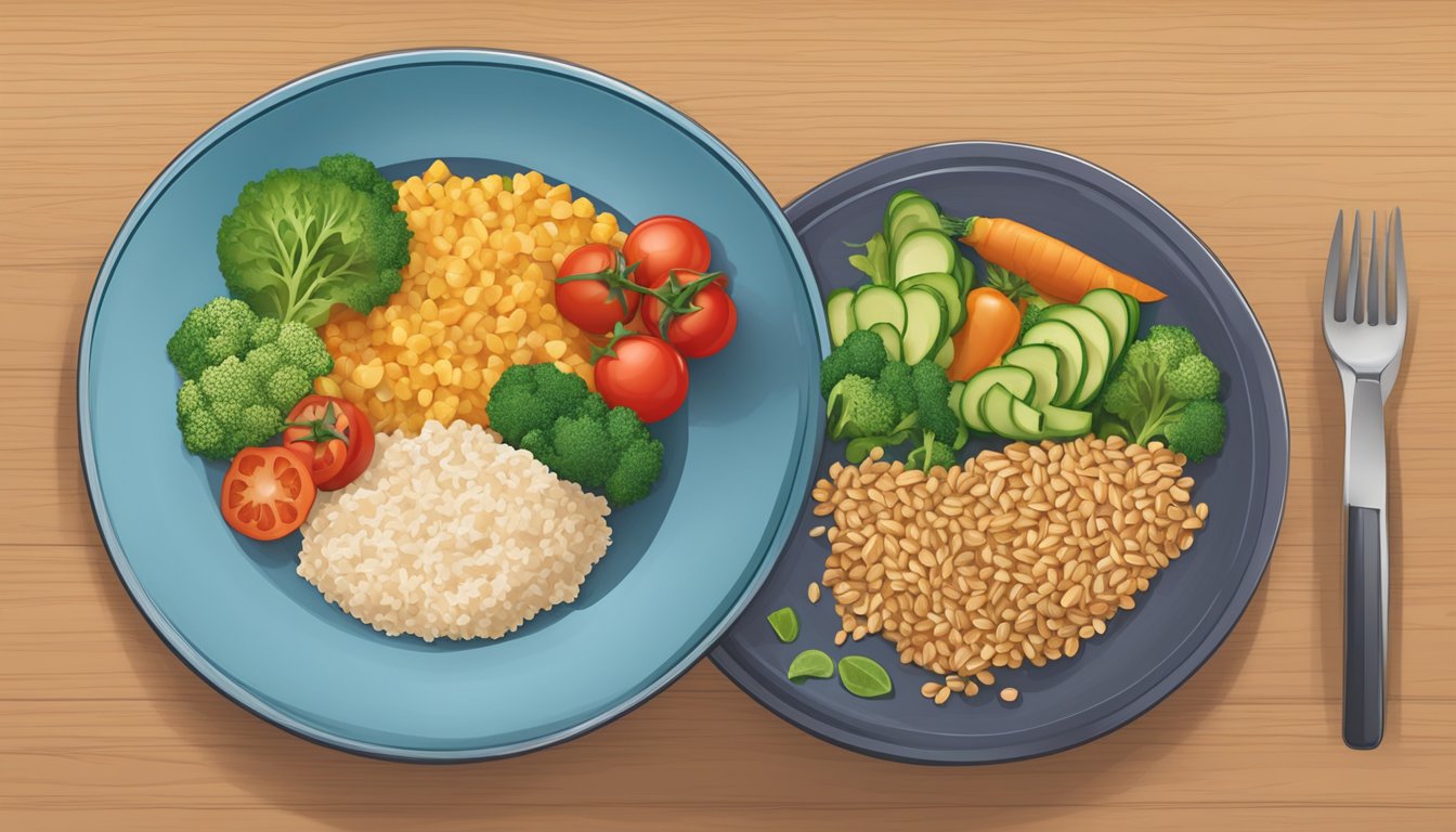 A dinner plate with a balanced meal: whole grains, vegetables, and lean protein. The plate is colorful and visually appealing