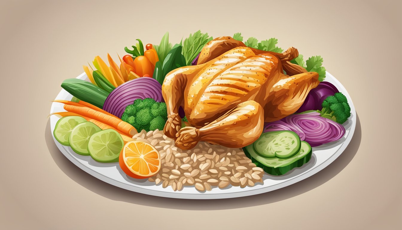 A dinner plate with lean proteins, such as grilled chicken or fish, surrounded by colorful vegetables and whole grains