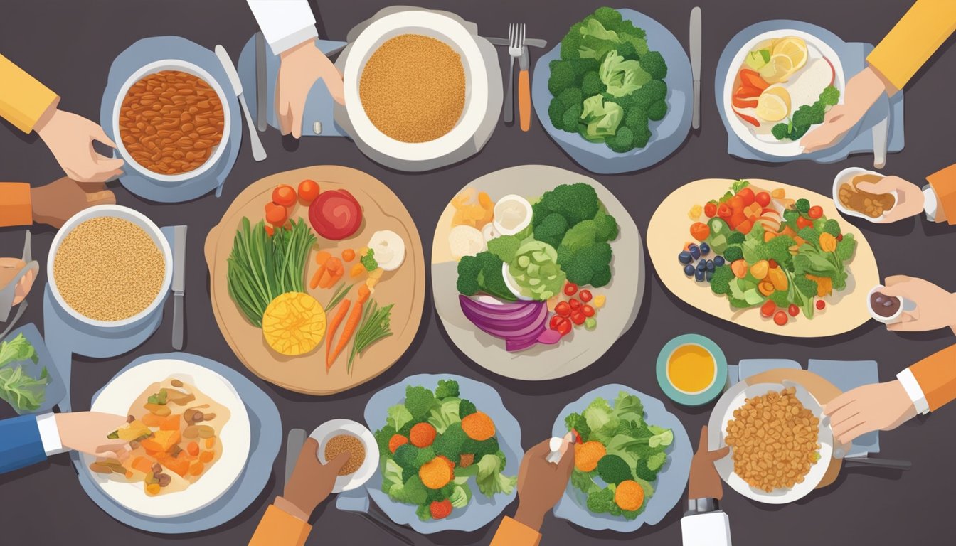 A table set with a colorful array of lean proteins, vegetables, and whole grains, with a group of healthcare professionals discussing blood sugar-balancing dinner options