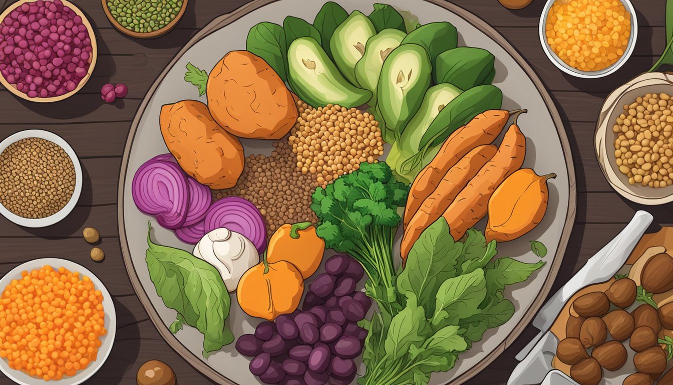 A colorful plate of slow-release carb sources like sweet potatoes, quinoa, and lentils, surrounded by fresh vegetables and fruits, sits on a wooden table