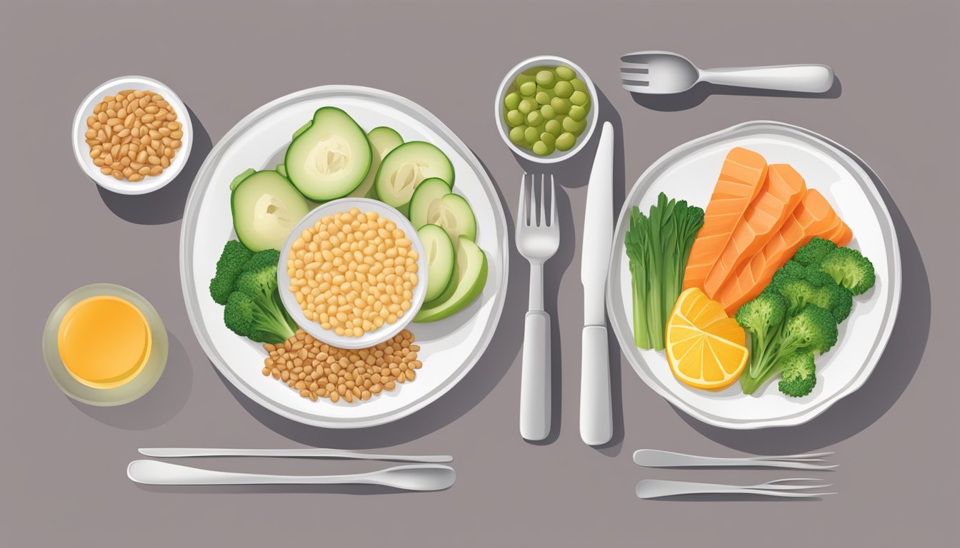 A dinner plate with balanced portions of lean protein, vegetables, and whole grains, with a smaller section for starchy foods, and a side of fruit