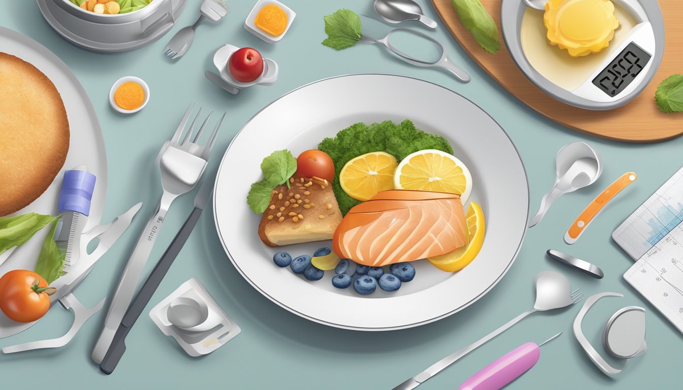 A dinner plate with carefully portioned food, balanced and visually appealing, surrounded by measuring tools and a glucose monitoring device