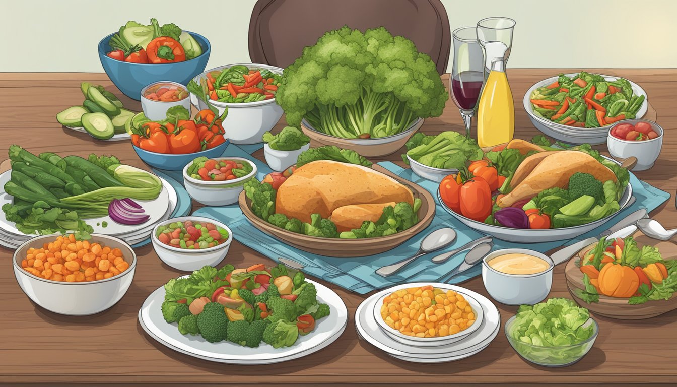 A dinner table set with colorful, low-carb dishes and a variety of fresh vegetables, with a book titled "Understanding Diabetes The Low-Carb Revolution" placed prominently in the center