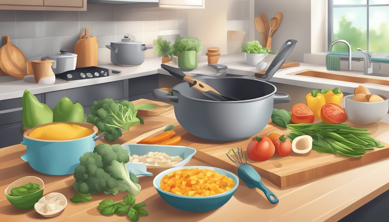 A kitchen scene with a variety of low-carb ingredients and cooking tools, showcasing different cooking techniques for diabetes-friendly meals