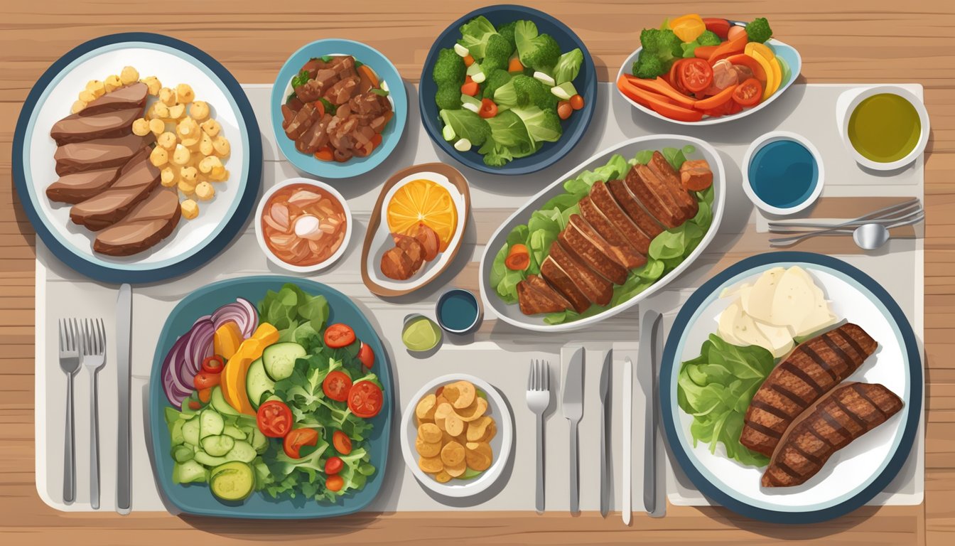 A dinner table set with low-carb foods, like grilled vegetables, lean meats, and salads. A diabetes-friendly meal with modern, healthy options