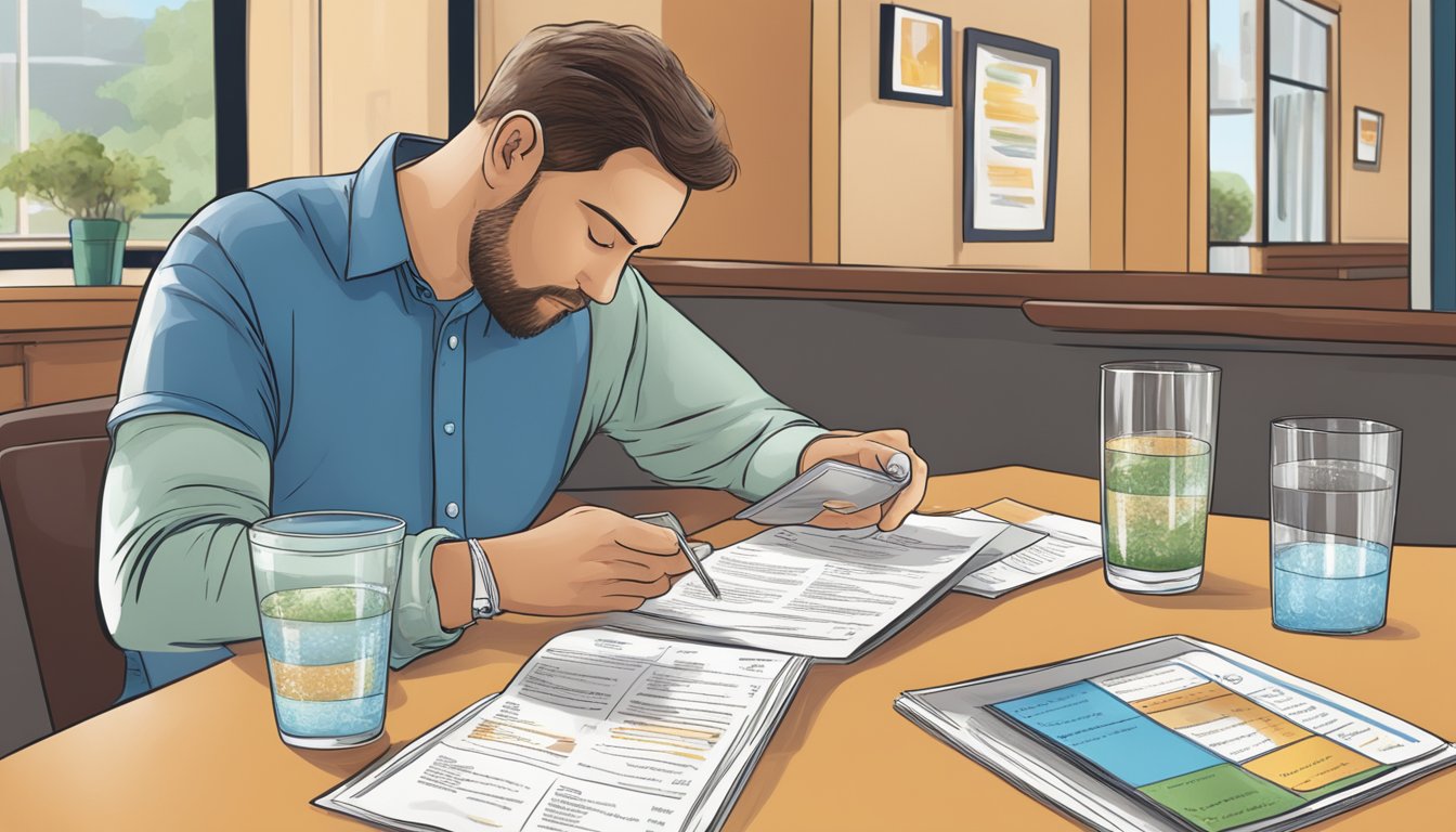 A person with diabetes carefully examines a restaurant menu, looking for healthy options to avoid glucose spikes. The menu items are displayed on a table with a glass of water