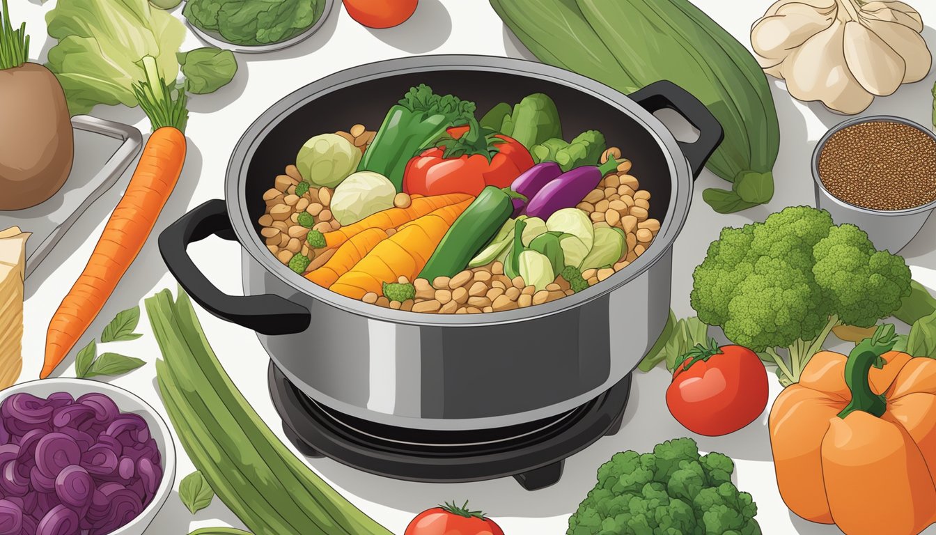 A colorful array of fresh vegetables, lean proteins, and whole grains simmering in a single pot on a stovetop, emitting mouthwatering aromas