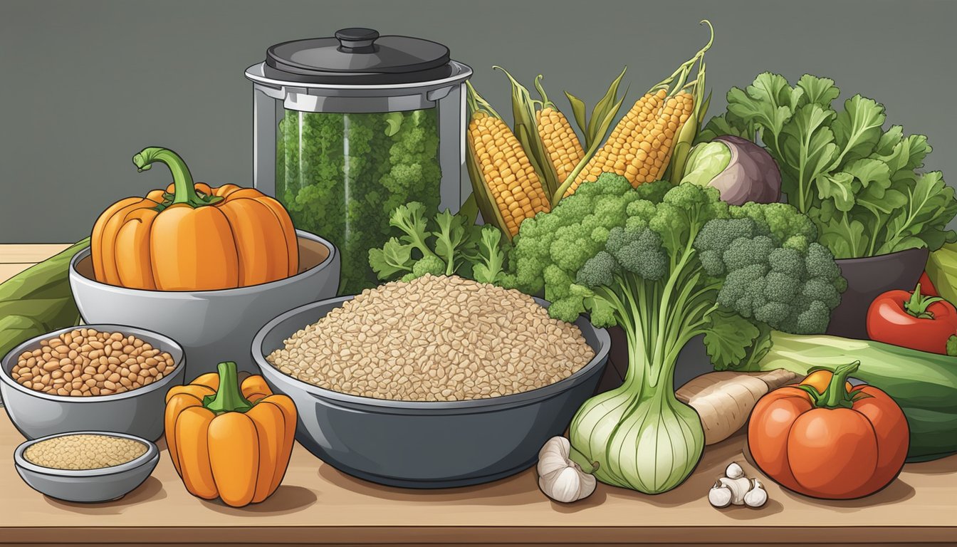 A variety of fresh vegetables, lean proteins, and whole grains arranged on a kitchen counter, ready to be used in a one-pot meal