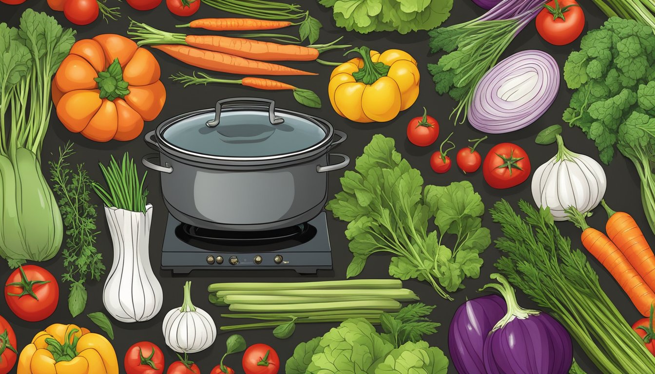 A colorful array of fresh vegetables and herbs surround a simmering pot on a stovetop, emitting a tantalizing aroma