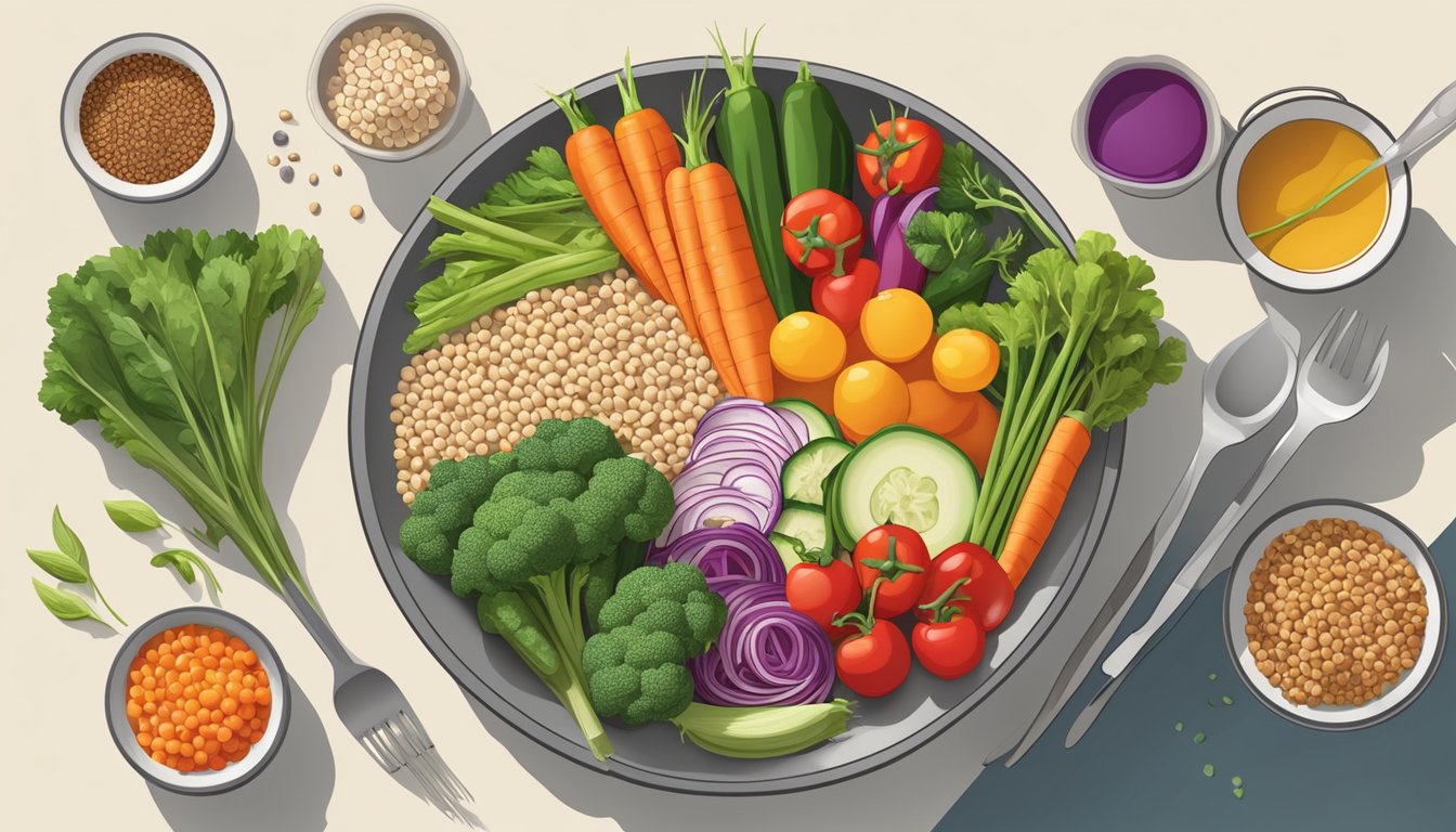 A colorful array of fresh vegetables, lean proteins, and whole grains arranged around a steaming one-pot meal, with a plate and utensils set nearby