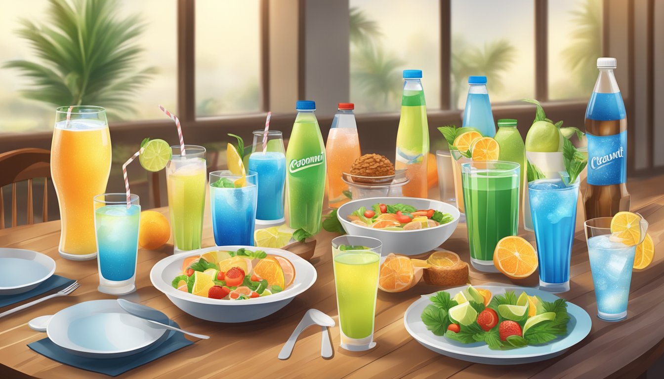 A dinner table set with a variety of hydration drinks and electrolyte-rich beverages, including water, coconut water, and sugar-free sports drinks